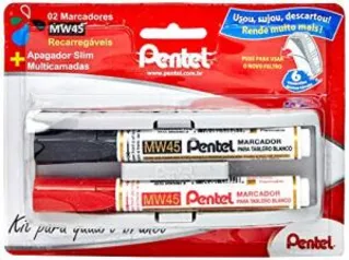 Marcadores para Quadro Branco MW45 + Apagador Slim, Pentel, Preto/Vermelho R$15