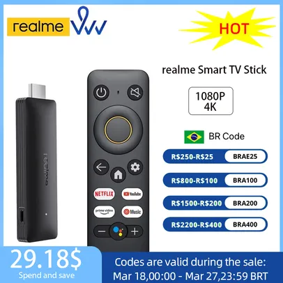 [Taxa Inclusa] Realme TV Stick 4K, Versão Global Media Player + Carregador 