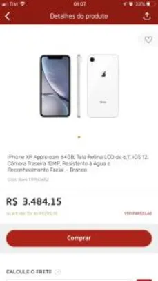 [App Ponto Frio] iPhone XR Apple com 64GB, Tela Retina LCD de 6,1”, iOS 12, Câmera Traseira 12MP – Branco - R$3484