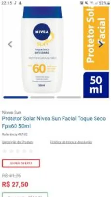 Protetor Solar Nivea Sun Facial Toque Seco Fps60 50ml - R$28