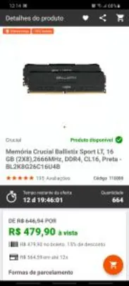 Memória Crucial Ballistix Sport LT, 16 GB (2X8), 2666MHz, DDR4, CL16 | R$480