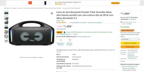 Caixa de Som Bluetooth Portátil Tribit StormBox Blast