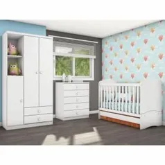 Quarto Infantil com Guarda Roupa 3 Portas, Cômoda e Berço Faz de Conta Siena Móveis Flex Color Branco/Branco/Rosa por R$ 700