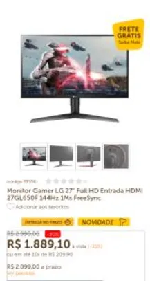 Saindo por R$ 1889,1: Monitor Gamer LG 27" Full HD Entrada HDMI 27GL650F 144Hz 1Ms FreeSync | Pelando