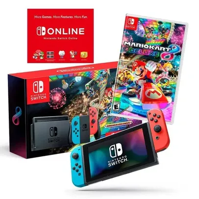 Console Nintendo Switch Neon Blue E Neon Red Com Joy‑con + Mario Kart 8 Deluxe + 3 Meses De Assinatura Nintendo Switch Online - HBDSKABL1