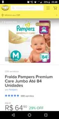 Fralda Pampers Premium Care Jumbo Até 84 Unidades - R$65