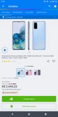 [Cliente ouro + app] Samsung Galaxy S20 128GB Cloud Blue 4G | R$ 2694,00