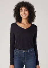 Blusa Em Malha Com Decote V E Manga Longa - Preto | R$ 36