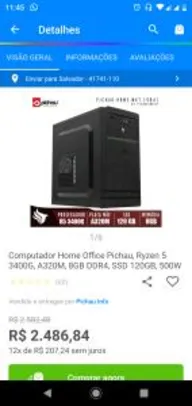 Computador Pichau Home Office, processador AMD Ryzen 5 3400G, A320M, 8GB DDR4, SSD 120GB, 500W