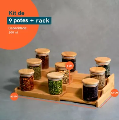 kit 9 potes 200ml tampa bambu e rack organizador bambu