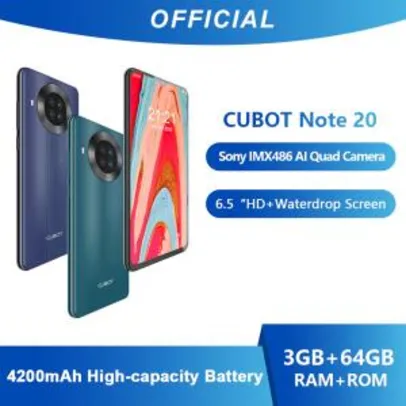 Smartphone Cubot Note 20 6.5" 3GB + 64GB 4200MAH QuadCam 20MP/12MP 4G Android 10 NFC | R$479