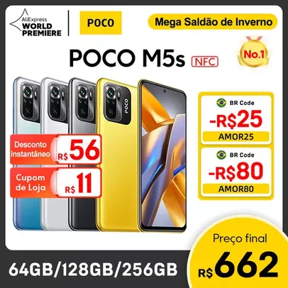 Smartphone POCO M5s 4GB 64GB NFC 64MP AI Quad Camera 6.43" Versão Global