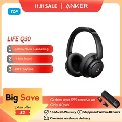 [Moedas e G. Pay R$287,70] Soundcore by Anker Life Q30 Fones de ouvido híbridos com cancelamento de ruído ativo sem fio Bluetooth Fones