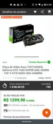 Placa de Vídeo Asus TUF3 NVIDIA GeForce GTX 1660 SUPER 6GB | R$1.300