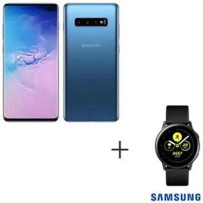 Samsung Galaxy S10+ Azul, 128GB e Camera Tripla + Galaxy Watch Active Preto | R$ 3.499