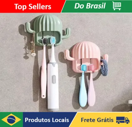 [DoBrasil / Moedas] Suporte Porta Escova de Dente Adesivo Parede Cactos com 2 ganchos