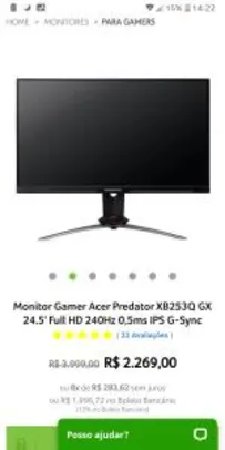 Monitor Acer Predator IPS 240hz G-Sync | R$ 1.997