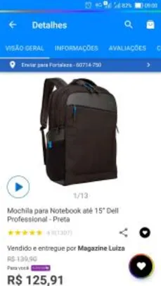 Mochila para Notebook até 15” Dell Professional - Preta - R$126