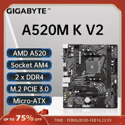 [R$ 281 c/ taxas] GIGABYTE A520M K V2 Micro ATX A520 DDR4 5100(OC) MHz M.2 PCIe 3.0 AMD Ryzen Série 5000 Placa mãe AM4