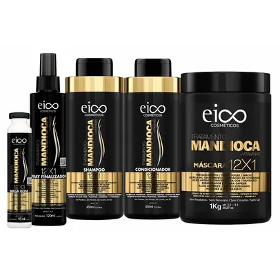 Kit Eico Tratamento Mandioca Shampoo 450ml e Condicionador 400ml + Máscara Hidratação 1Kg + Spray P