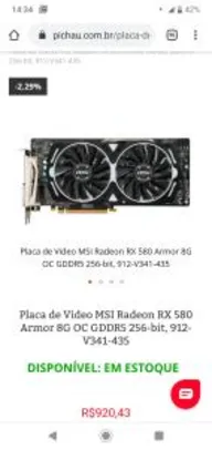(À VISTA) Placa de vídeo MSI Radeon RX 580 armor 8g