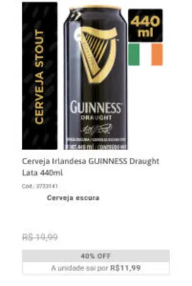 Cerveja Irlandesa GUINNESS Draught Lata 440ml