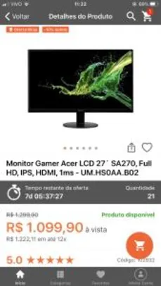Monitor Gamer Acer LCD 27´ SA270, Full HD, IPS, HDMI, 1ms - UM.HS0AA.B02