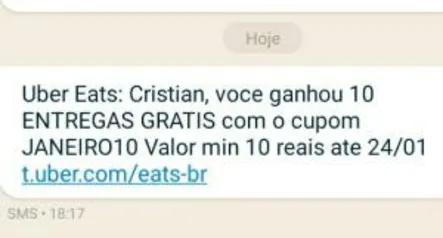 [Usuários Selecionados] 10 Entregas Grátis em Pedidos acima de R$10 na UberEats