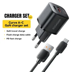 [GPay R$ 63/Taxa Inclusa] 3 UNIDADES Carregador USB Tipo-C Essager GaN, Com Cabo Preto, Carga rápida, QC 3.0 20W, Para iOS e Android