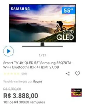 Smart TV 4K QLED 55” Samsung 55Q70TA - Wi-Fi Bluetooth HDR 4 HDMI 2 USB - R$3888