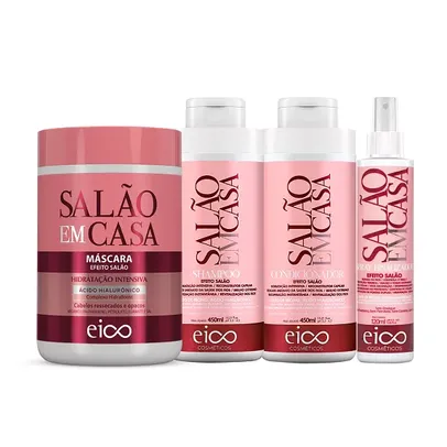 Confira Eico Salão Em Casa Shampoo e Condicionador 450ml + Máscara Tratamento Hidratação 1kg + Spray