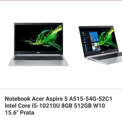 [App] Notebook Acer Aspire 5 A515-54G-52C1 Intel Core i5-10210U 8GB 512GB W10 15.6" MX250 | R$ 3572