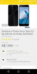 Zenfone 4 Preto Asus Tela 5,5 4g 128 Gb 12+8 Mp Ze554kl2 por R$ 1199