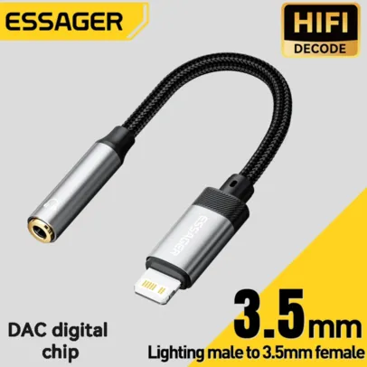 [Imposto Incluso] Essager Cabo de Áudio Lighting para fone de ouvido 3.5mm, HI-FI, DAC, Para iPhone 