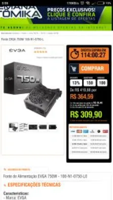 Fonte EVGA 750W 100-N1-0750-L - R$310