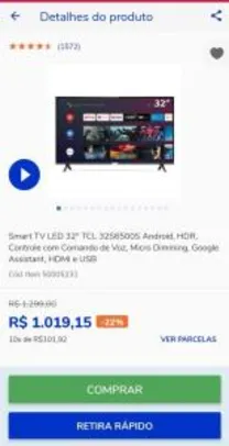 [APP] Smart TV LED 32" TCL 32S6500S Android HDR | R$1019