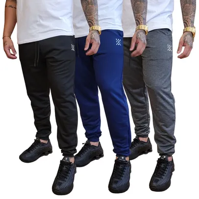 Kit 3 Calças de Moletom Moletinho Jogger Masculina Skinny Slim Amarração Academia Treino