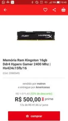 Memória Ram HyperX 16gb Ddr4 Hyperx Gamer 2400 Mhz R$ 500