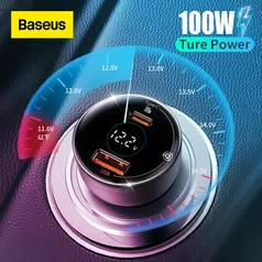 CARREGADOR DE CARRO BASEUS 100W CARGA RÁPIDA 3.0/4.0 DISPLAY LED 1 USB 1 USB-C