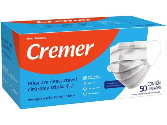 Máscara Cirúrgica Tripla Camada com Elástico - Cremer 644449 Branca 50 Unidades