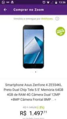 Smartphone Asus Zenfone 4 ZE554KL Preto Dual Chip Tela 5.5 POR R$ 1497
