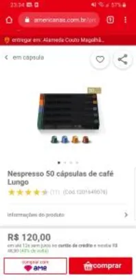 (AME - R$72) Nespresso 50 cápsulas de café Lungo