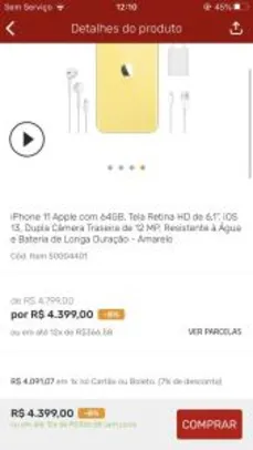 iPhone 11 Apple com 64GB, Tela Retina HD de 6,1”, iOS 13, Dupla Câmera Traseira de 12 MP, Resistente à Água e Bateria de Longa Duração