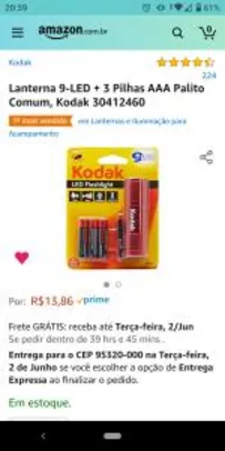 [Prime] Lanterna Kodak 9 Leds Camping +3 pilhas AAA Palito - R$14