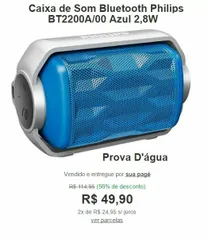 Caixa de Som Bluetooth Philips BT2200A/00 Azul 2,8W Prova D'água por R$ 50