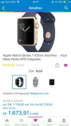 Apple Watch Series 1 42mm Alumínio - Azul Meia-Noite GPS Integrado - R$ 1674