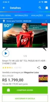 Smart TV 4K LED 50” TCL P65US Wi-Fi HDR - 3 HDMI 2 USB | R$1.799
