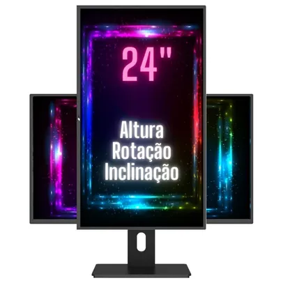 Monitor Hq 24 Polegadas, Led, Ergonômico, Ajuste De Altura, Rotação Vertical, Rotação Horizontal, Inclinação, Widescreen, 2ms, 75HZ, FULL HD, HDMI