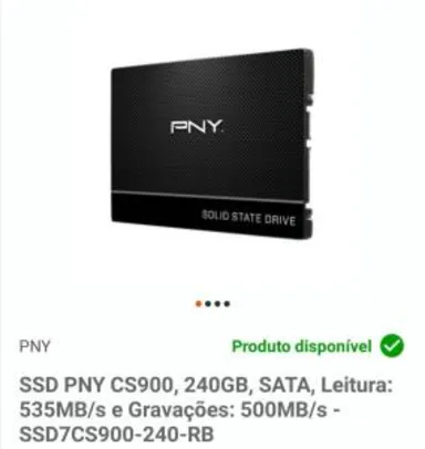 SSD PNY CS900, 240GB, SATA, Leitura: 535MB/s e Gravações: 500MB/s | R$212