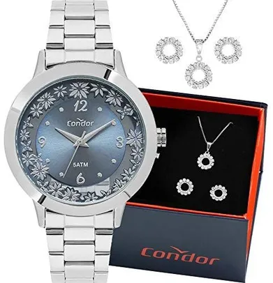 Kit Relógio Condor Feminino Prata Com Colar e Brincos Co2039bg/k3a Analógico 5 Atm Tamanho Grande | R$129